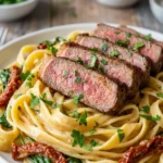 Close-up of creamy fettuccine pasta topped with perfectly sliced, medium-rare ribeye steak and fresh parsley.
