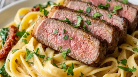 Close-up of creamy fettuccine pasta topped with perfectly sliced, medium-rare ribeye steak and fresh parsley.