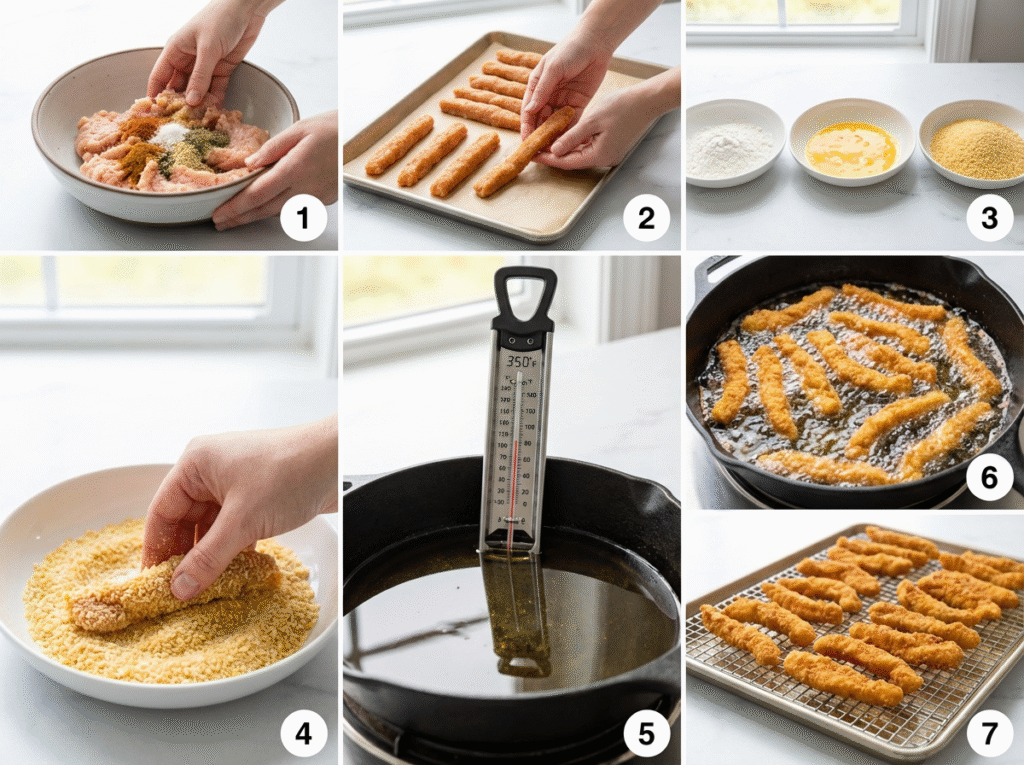 A 6-panel collage showing the step-by-step process of making fried chicken fries, from slicing to frying.