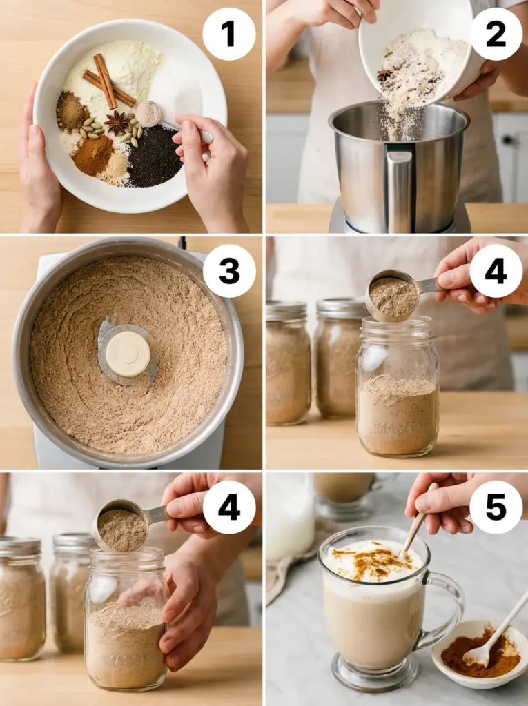 A five-panel collage showing the steps to make chai tea latte mix: mixing ingredients, transferring to food processor, pulsing, storing in jars, and serving a latte, each step clearly numbered.