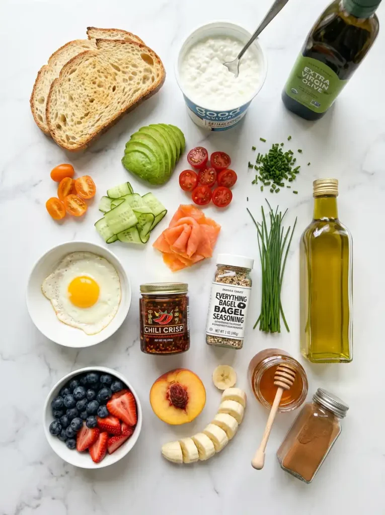Overhead view of all ingredients for cottage cheese toast, including bread, cottage cheese, avocado, tomatoes, berries, and seasonings, on a marble surface.