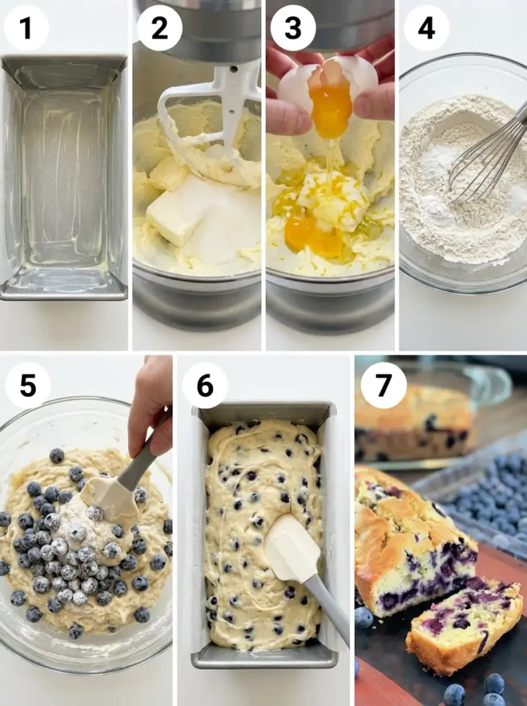 A 7-panel collage showing the step-by-step process of making a blueberry cream cheese loaf, from pan prep to the final sliced product.