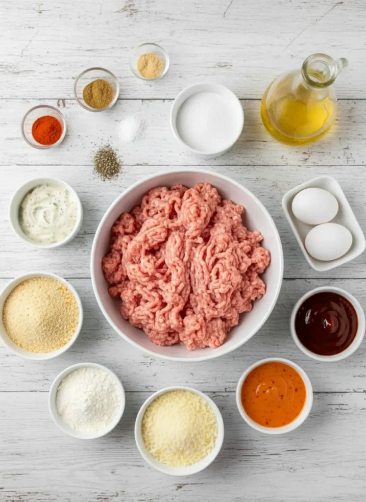 Overhead flat-lay of all ingredients for fried chicken fries, including chicken, flour, eggs, panko, and spices.