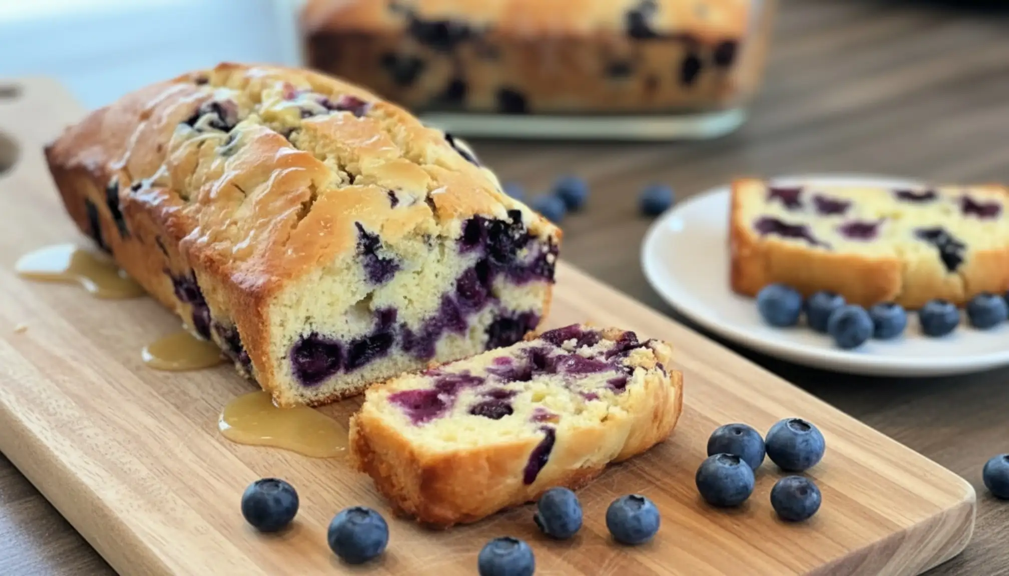 A golden-brown, sliced blueberry cream cheese loaf on a rustic wooden cutting board, revealing a moist interior with blueberries and cream cheese swirls.