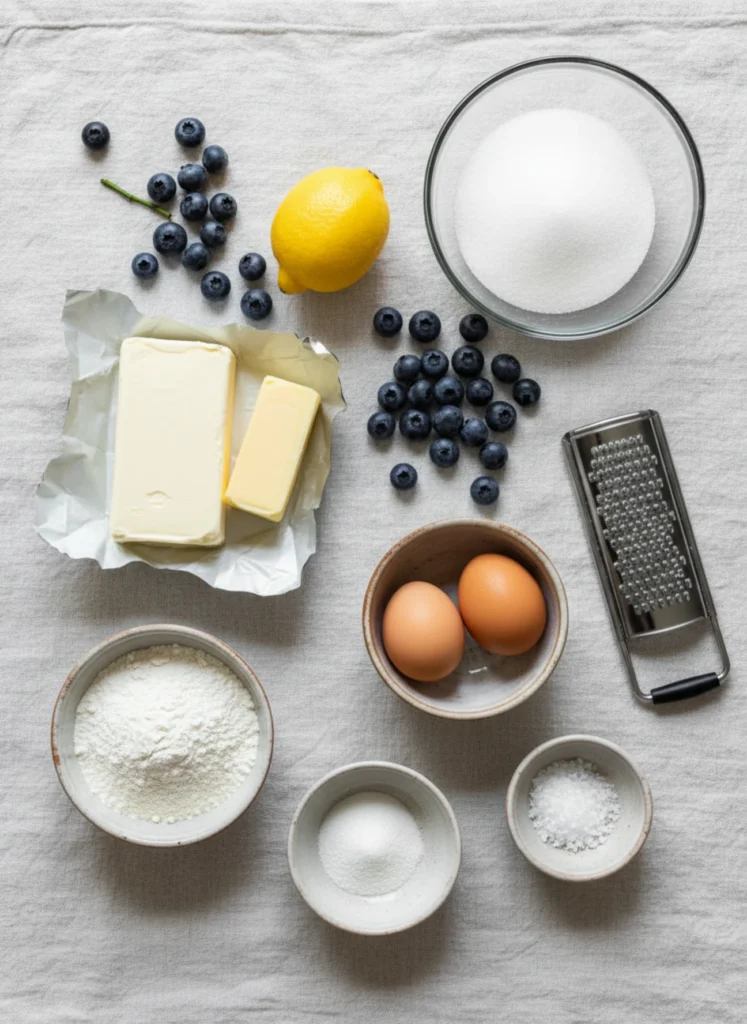 A flat-lay arrangement of fresh ingredients for blueberry cream cheese loaf, including blueberries, cream cheese, butter, eggs, lemon, and dry ingredients.