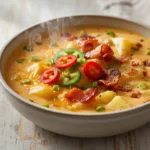 A bowl of creamy, golden jalapeno popper soup garnished with bacon, green onions, and jalapeno slices.
