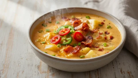 A bowl of creamy, golden jalapeno popper soup garnished with bacon, green onions, and jalapeno slices.