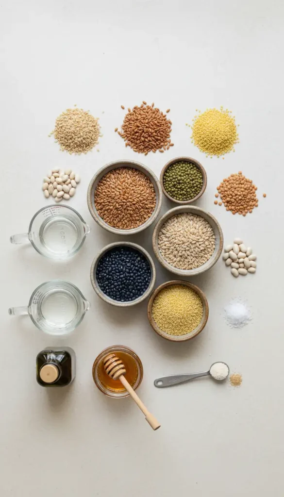 Overhead flat-lay of all ingredients for Ezekiel bread, including various whole grains, legumes, honey, olive oil, and yeast, neatly arranged.