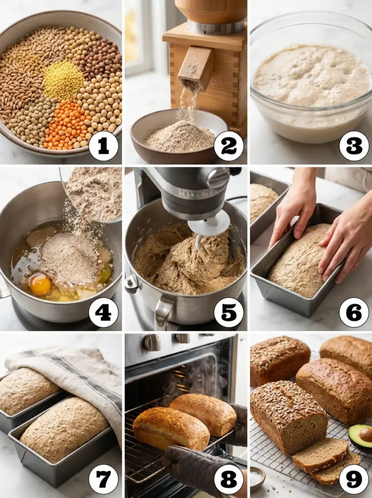A nine-panel collage showing the full process of making Ezekiel bread, from mixing grains to cooling baked loaves, with numbered steps.