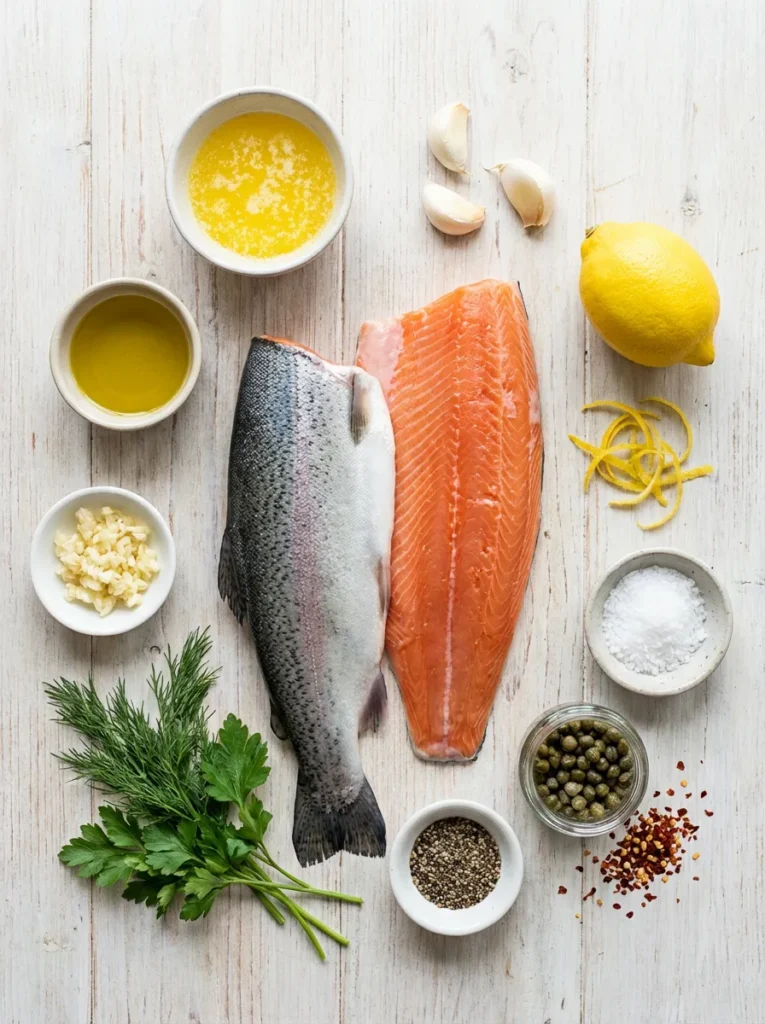 Overhead shot of all fresh ingredients for steelhead trout: fillets, olive oil, butter, garlic, lemon, dill, salt, pepper, capers, red pepper flakes.