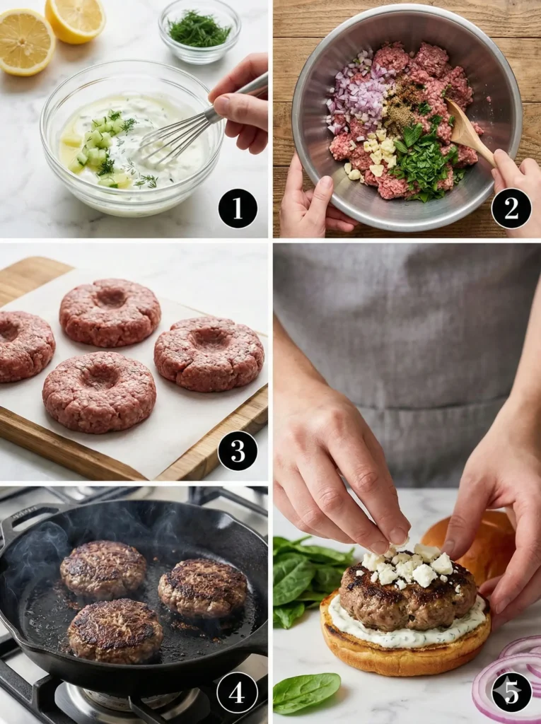 A five-panel collage showing the step-by-step process of making lamb burgers, from mixing ingredients to assembling the final burger.