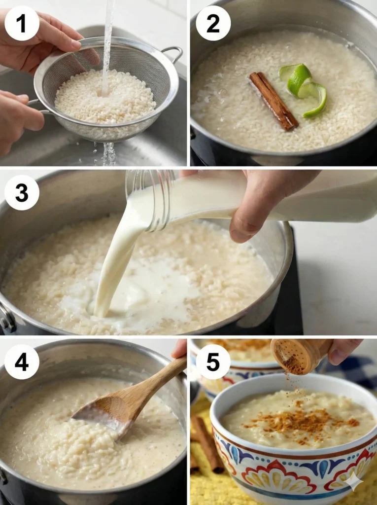 Sequential five-panel collage showing the steps to make arroz con leche: rinsing rice, simmering with spices, adding milk, thickening, and garnishing with cinnamon.