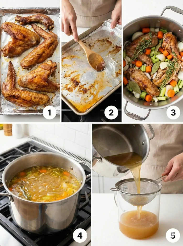 A five-panel collage illustrating the key steps of making turkey stock: roasting, deglazing, combining ingredients, simmering, and straining.