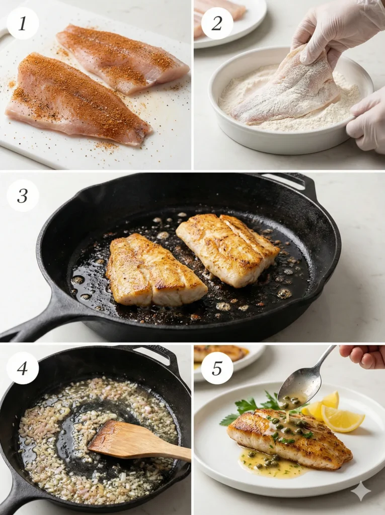 Collage showing 5 steps for cooking rockfish: seasoning, dredging, searing, making sauce, and spooning sauce over fish, each numbered 1-5.