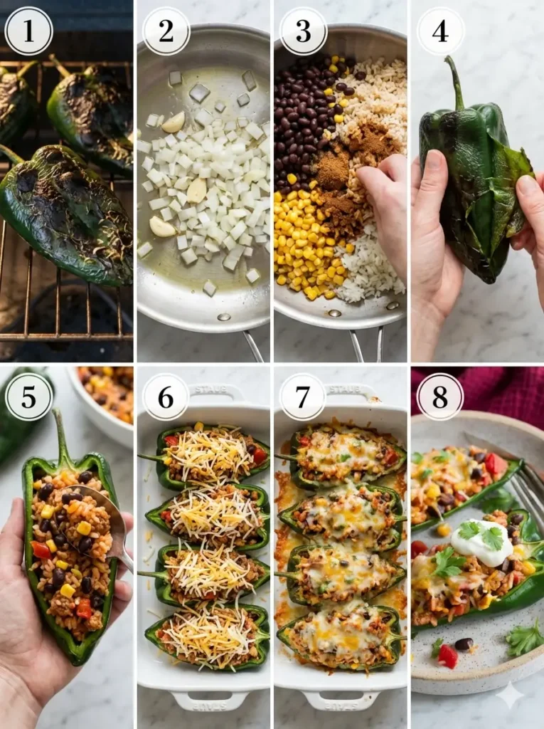 A step-by-step process collage showing how to make stuffed poblano peppers, from roasting to stuffing to baking, with numbered panels.
