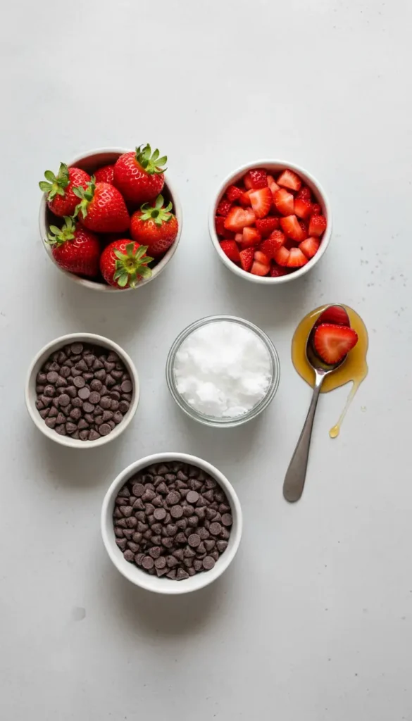 Overhead view of fresh whole and diced strawberries, chocolate chips, coconut oil, and honey, artfully arranged on a light grey background.