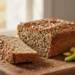Two golden-brown loaves of homemade Ezekiel bread, one sliced on a wooden board with avocado, ready to eat.