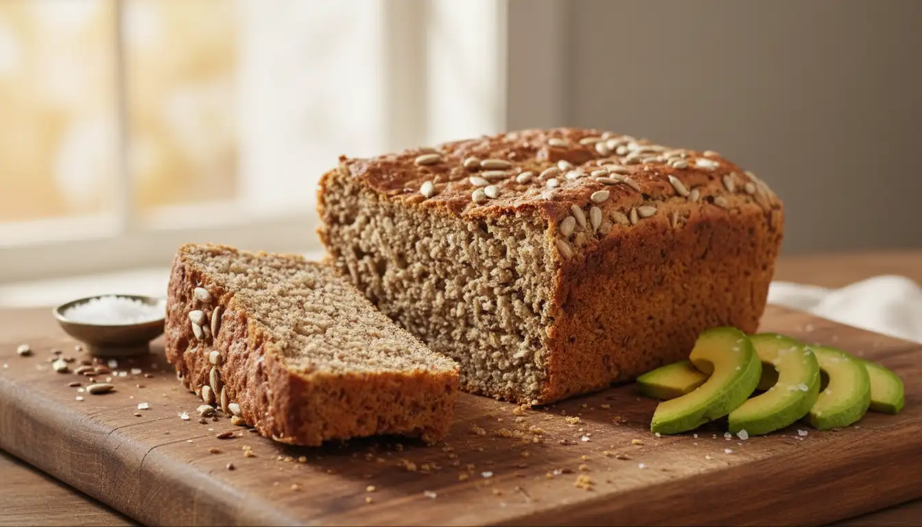 Two golden-brown loaves of homemade Ezekiel bread, one sliced on a wooden board with avocado, ready to eat.