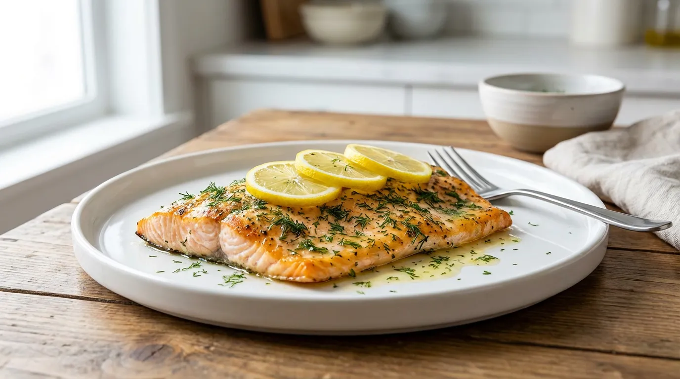 Close-up of a beautifully baked steelhead trout fillet garnished with fresh dill and lemon slices on a white plate.