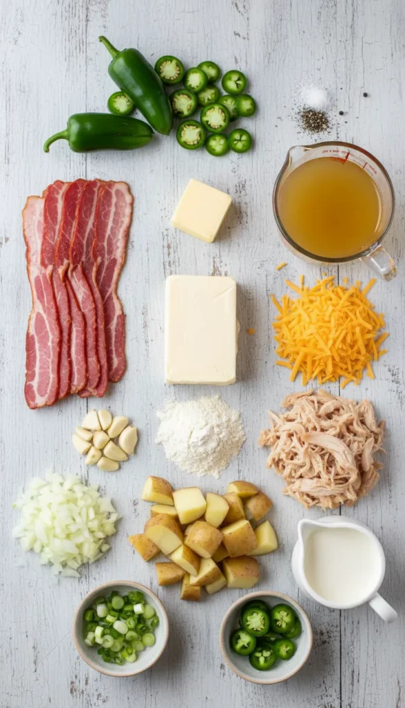 Overhead shot of all ingredients for jalapeno popper soup, including bacon, cream cheese, jalapenos, chicken broth, and cheddar cheese, neatly arranged on a wooden table.