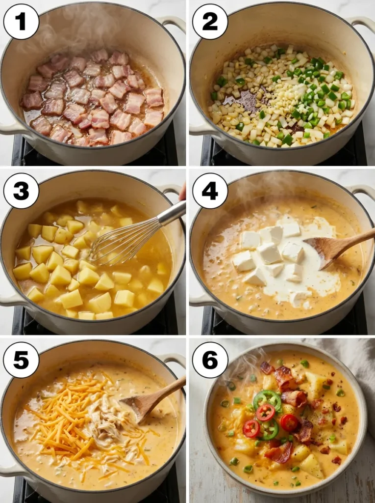 Six-panel collage showing the step-by-step process of making spicy jalapeno popper soup, from cooking bacon to the final garnished bowl.