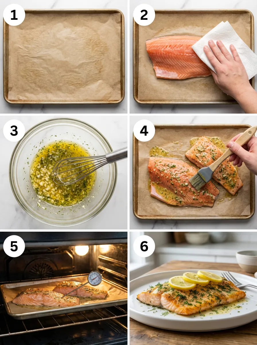 Six-panel visual collage showing all key steps for baking steelhead trout: preparing sheet, drying trout, making sauce, brushing sauce, baking, and serving.