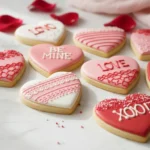 Beautifully decorated pink, red, and white heart-shaped sugar cookies for Valentine's Day, arranged on a light surface.