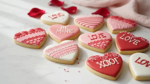 Beautifully decorated pink, red, and white heart-shaped sugar cookies for Valentine's Day, arranged on a light surface.