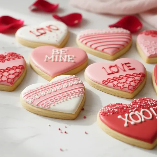 Beautifully decorated pink, red, and white heart-shaped sugar cookies for Valentine's Day, arranged on a light surface.