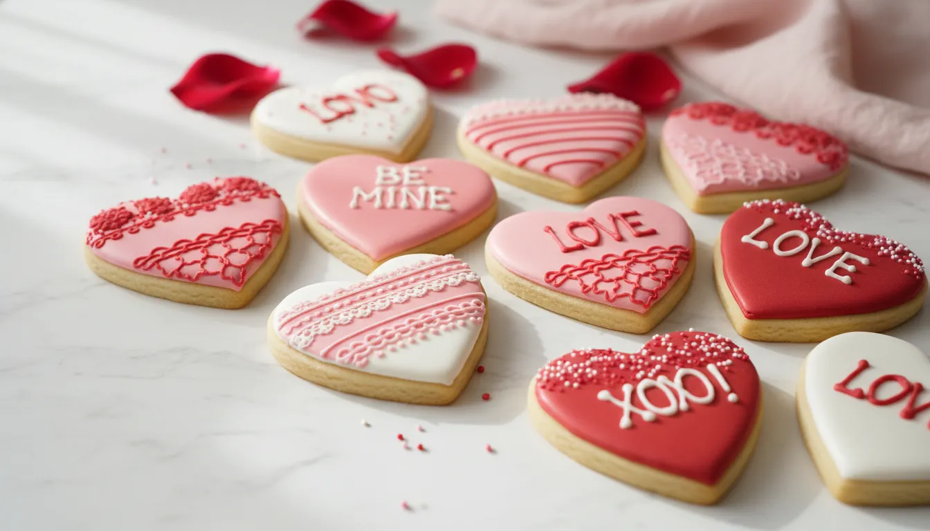 Beautifully decorated pink, red, and white heart-shaped sugar cookies for Valentine's Day, arranged on a light surface.