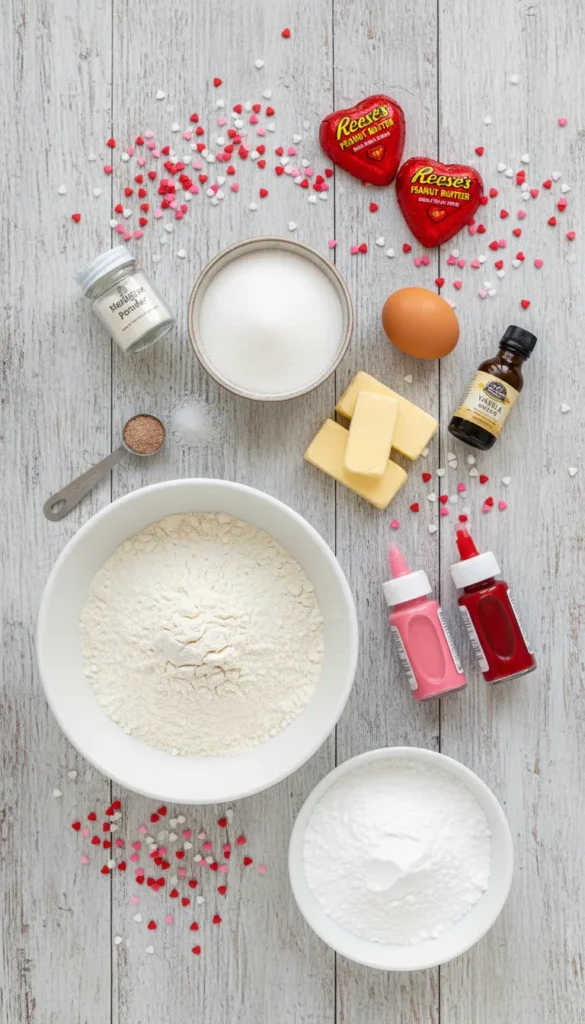 Flat lay of all Valentine's Day sugar cookie ingredients including flour, butter, sugar, egg, extracts, and royal icing components like gel food coloring and sprinkles.