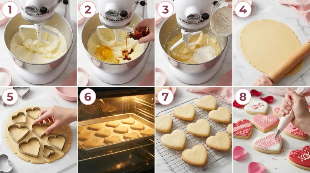 A collage showing 8 steps for making Valentine's Day sugar cookies, from mixing ingredients to decorating finished heart cookies.