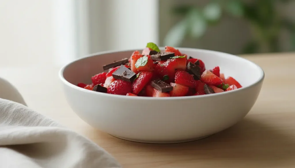 Close-up of a white bowl brimming with glistening strawberry salsa and dark chocolate shards, set on a light wooden surface.