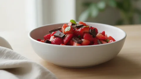 Close-up of a white bowl brimming with glistening strawberry salsa and dark chocolate shards, set on a light wooden surface.