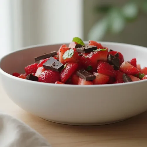Close-up of a white bowl brimming with glistening strawberry salsa and dark chocolate shards, set on a light wooden surface.