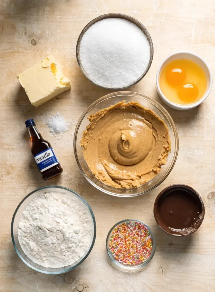 Overhead shot of peanut butter ball ingredients including butter, sugar, flour, egg yolks, vanilla, and salt, neatly arranged on a light wooden background.