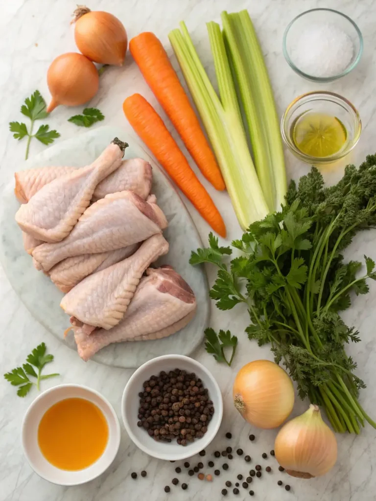 Overhead flat-lay shot of fresh turkey stock ingredients including turkey wings, onions, carrots, celery, herbs, and spices.