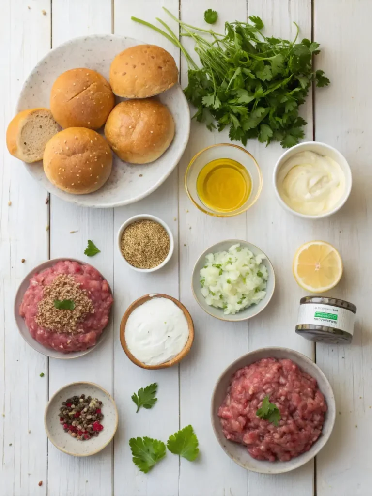 Overhead view of all fresh ingredients for lamb burgers, including ground lamb, fresh herbs, spices, vegetables, and brioche buns.