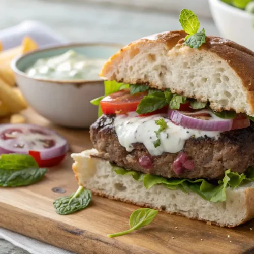A mouth-watering lamb burger, cut in half, showcasing its layers of patty, feta, and vegetables on a toasted brioche bun.