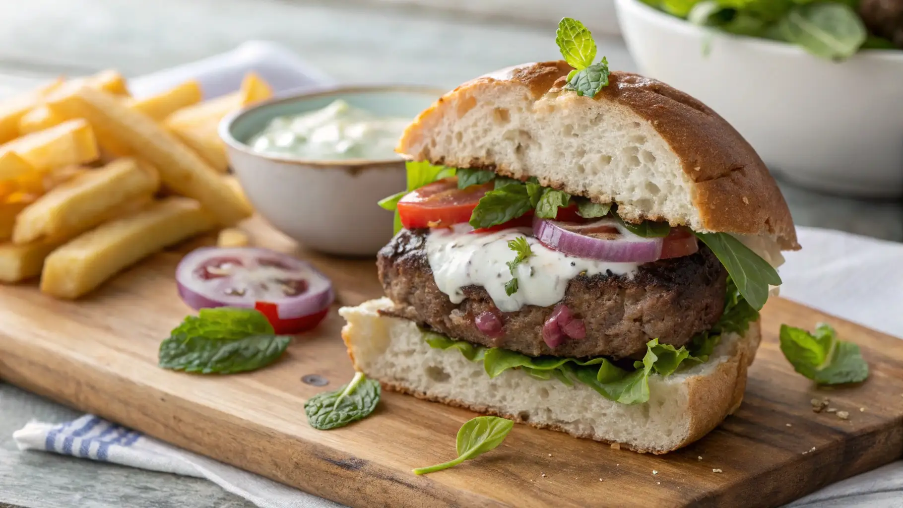 A mouth-watering lamb burger, cut in half, showcasing its layers of patty, feta, and vegetables on a toasted brioche bun.
