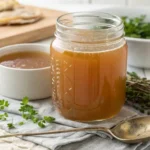Clear golden turkey stock in a glass jar with fresh thyme and parsley on a light wooden board.
