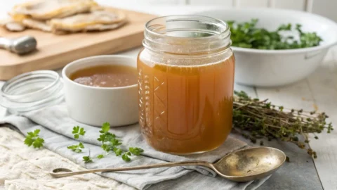 Clear golden turkey stock in a glass jar with fresh thyme and parsley on a light wooden board.