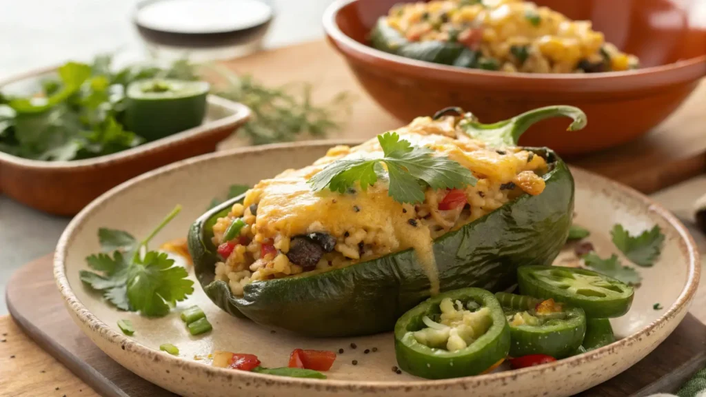 Two golden brown baked poblano peppers stuffed with rice and beans, topped with melted cheese and fresh cilantro, on a ceramic plate.