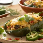Two golden brown baked poblano peppers stuffed with rice and beans, topped with melted cheese and fresh cilantro, on a ceramic plate.