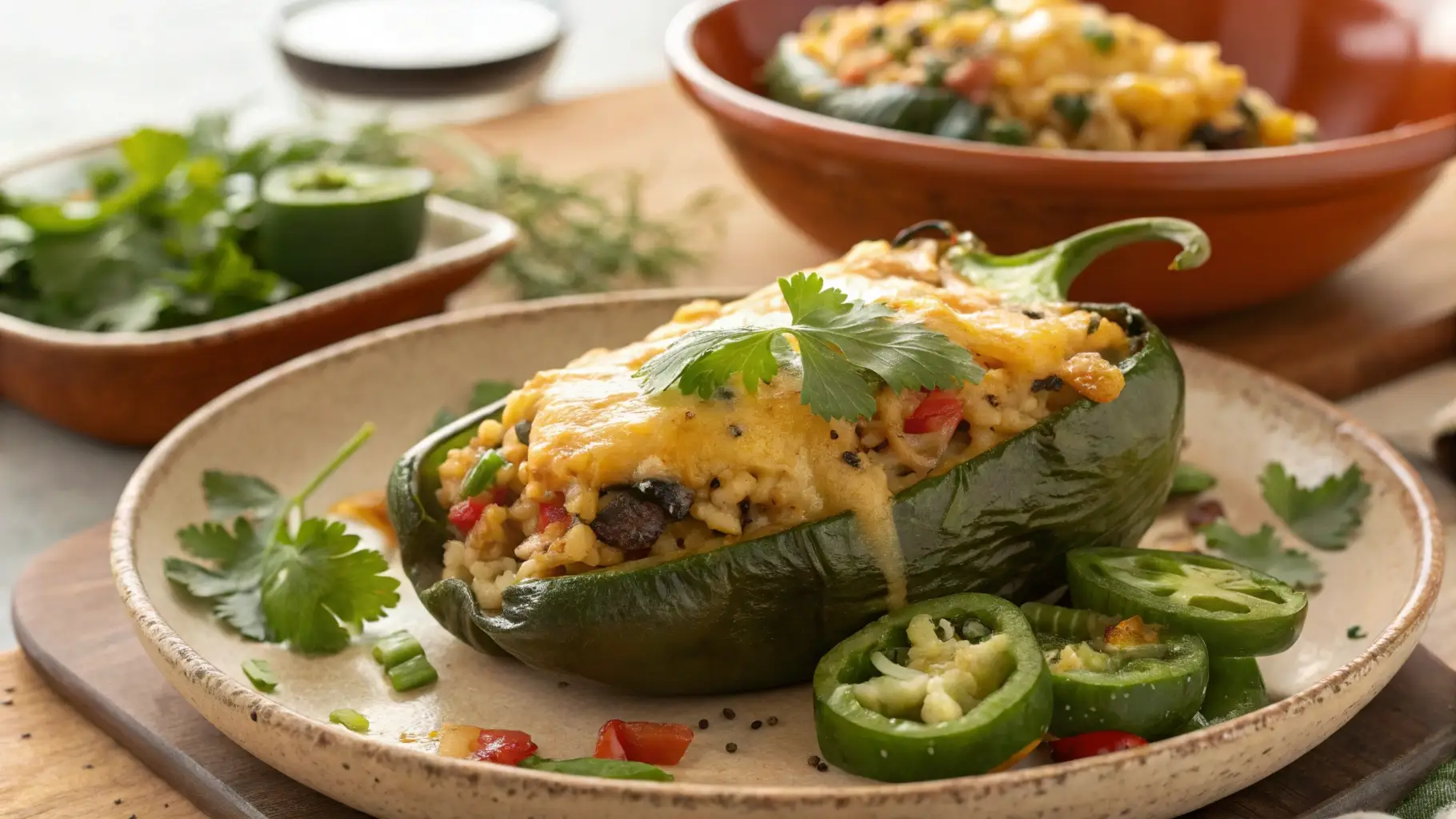 Two golden brown baked poblano peppers stuffed with rice and beans, topped with melted cheese and fresh cilantro, on a ceramic plate.