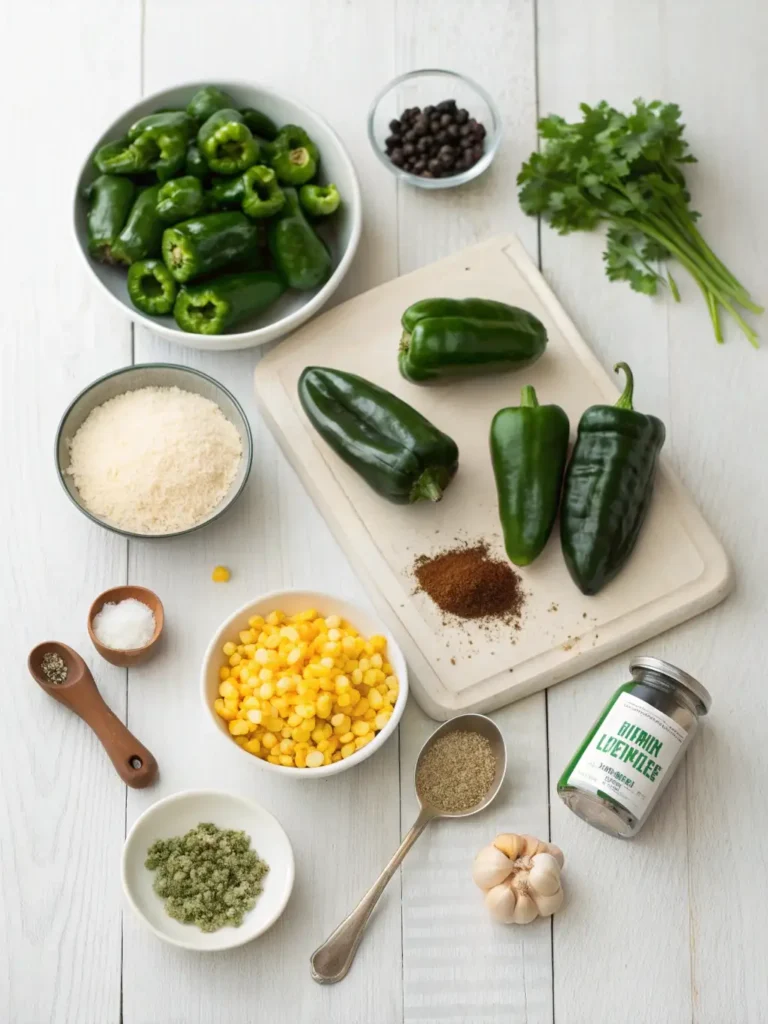 Overhead flat lay of fresh ingredients for stuffed poblano peppers: poblano peppers, onion, garlic, black beans, corn, rice, spices, cheese, and cilantro.