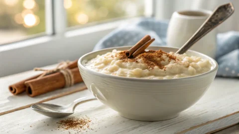 Close-up of creamy arroz con leche in a white bowl, garnished with cinnamon, with a spoon revealing its texture.