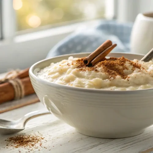 Close-up of creamy arroz con leche in a white bowl, garnished with cinnamon, with a spoon revealing its texture.