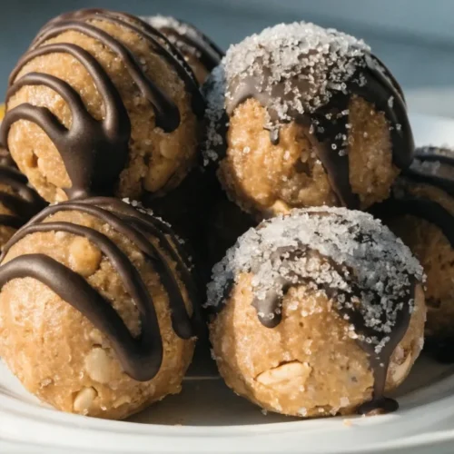 Close-up of perfectly baked peanut butter balls on a white ceramic plate, garnished with chocolate drizzle and sanding sugar.