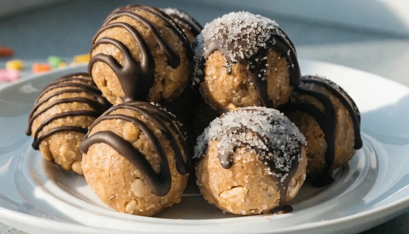 Close-up of perfectly baked peanut butter balls on a white ceramic plate, garnished with chocolate drizzle and sanding sugar.
